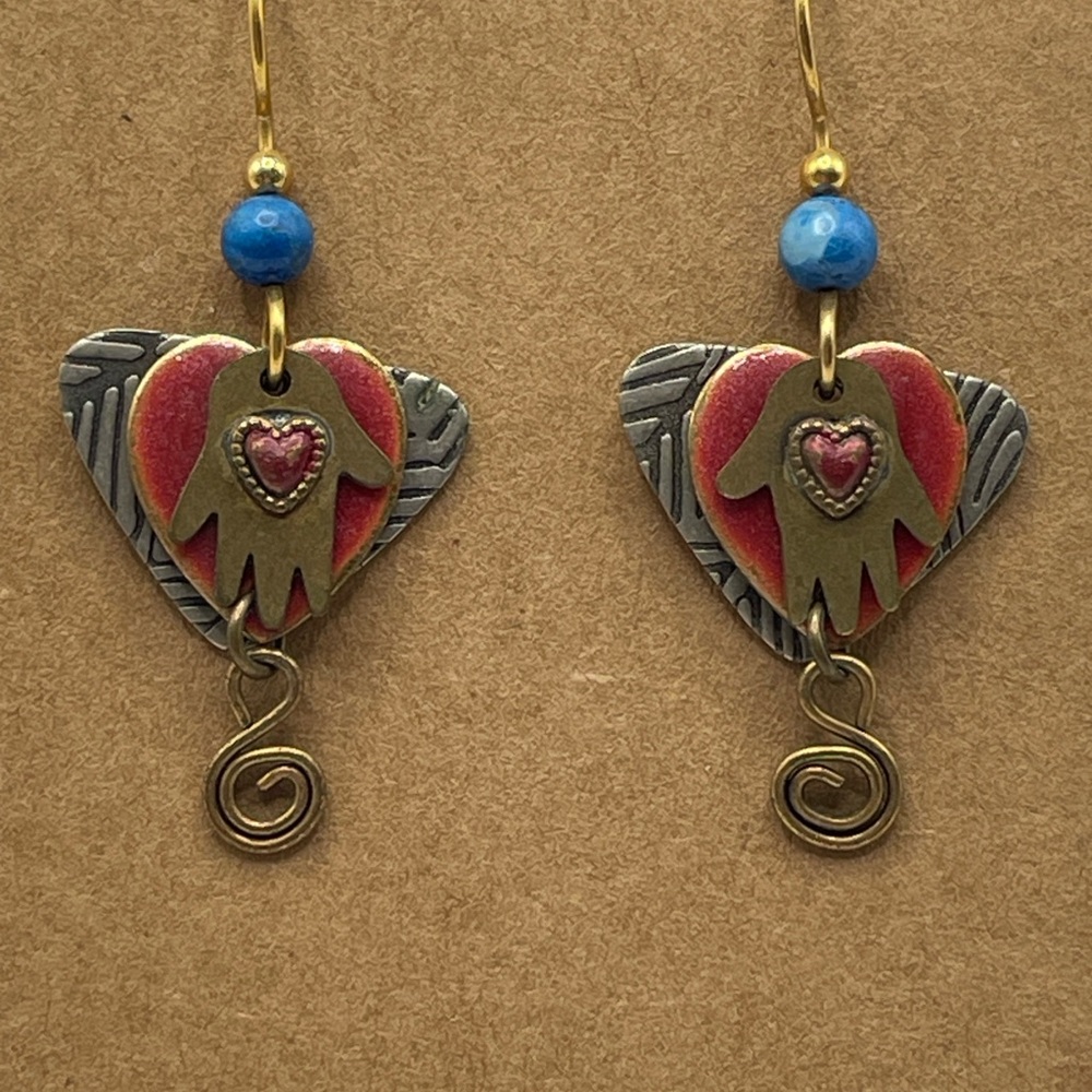 Vintage Hamsa Heart Protection Earrings • Red Enamel Boho Talisman Dangles 🎁